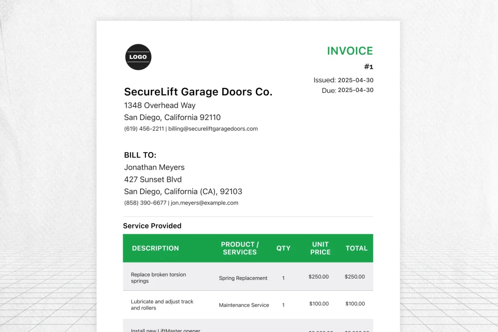 Free Garage Door Invoice Template | Download & Edit