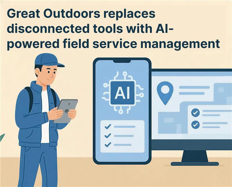 AI-powered field service management illustration with a technician using a tablet, a mobile app displaying AI automation, and a dashboard showing job locations and task status.