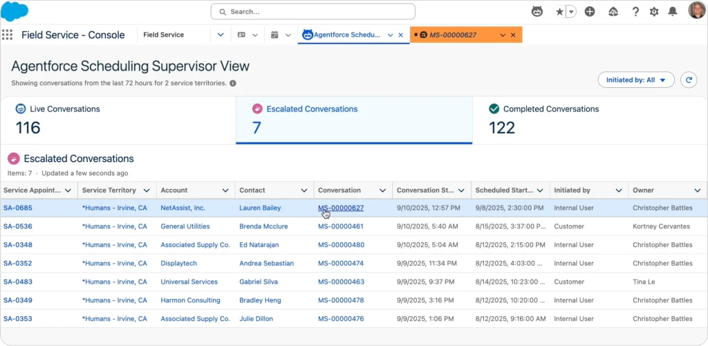How enterprise field service software monitors live conversations, escalations, completed service requests, territory management, and supervisor-level scheduling oversight.
